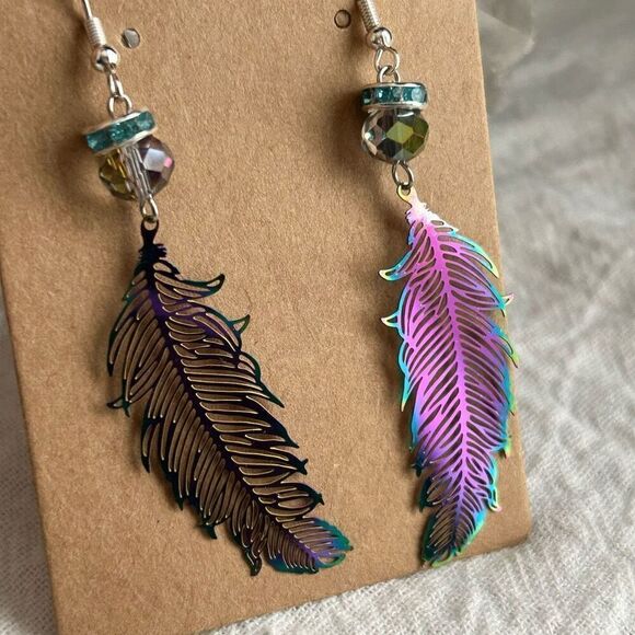 Iridescent Rainbow Feather Dangle Rhinestone Earrings .925 Sterling Silver - Picture 6 of 6